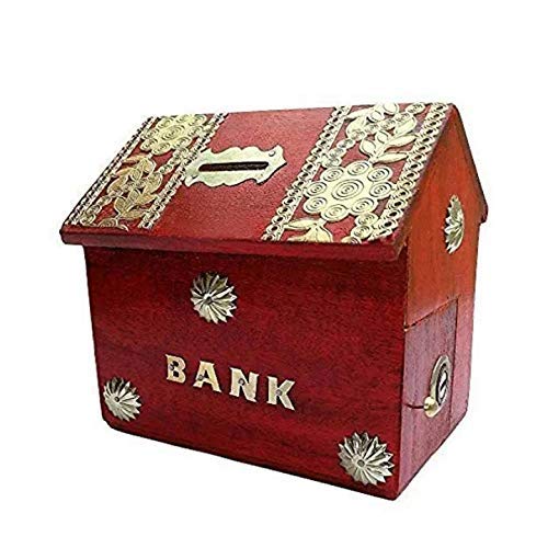 Wooden Money Bank for Kids, Red Colour, Coin Saving Gullak  I kartnovastore.com