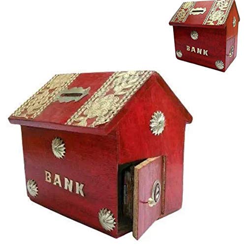 Wooden Money Bank for Kids, Red Colour, Coin Saving Gullak  I kartnovastore.com